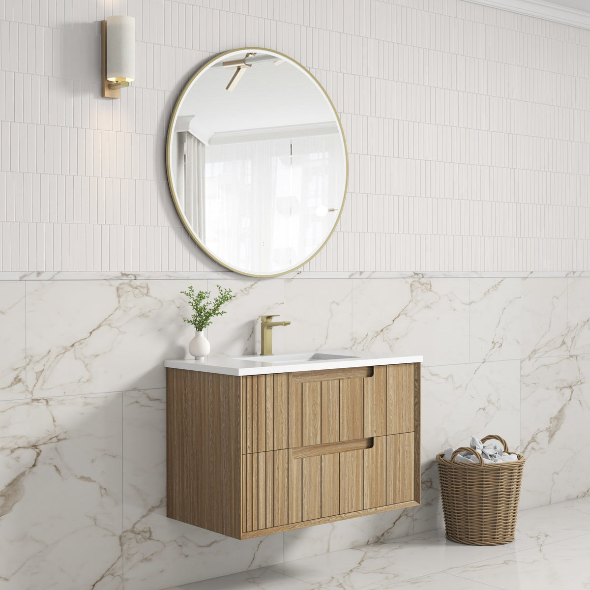 Aulic Voulari wall hung vanity in woodgrain with white top and drawer front, shown in a modern bathroom setting