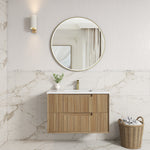 Aulic Voulari 900mm wall hung vanity in Harvest Oak with white top, shown in a modern bathroom setting