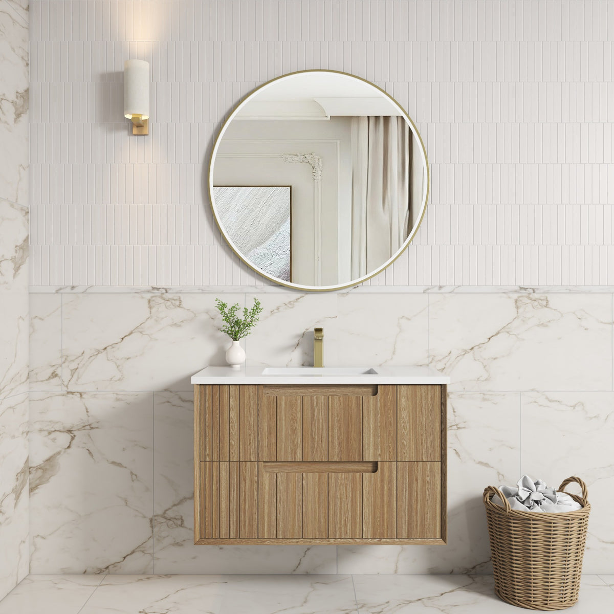 Aulic Voulari 900mm wall hung vanity in Harvest Oak with white top, shown in a modern bathroom setting