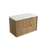 Aulic Voulari 900mm wall hung vanity in Harvest Oak with white stone-look top and two handleless drawers