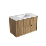Aulic Voulari wall hung vanity in Harvest Oak with white stone top and integrated basin, angled view