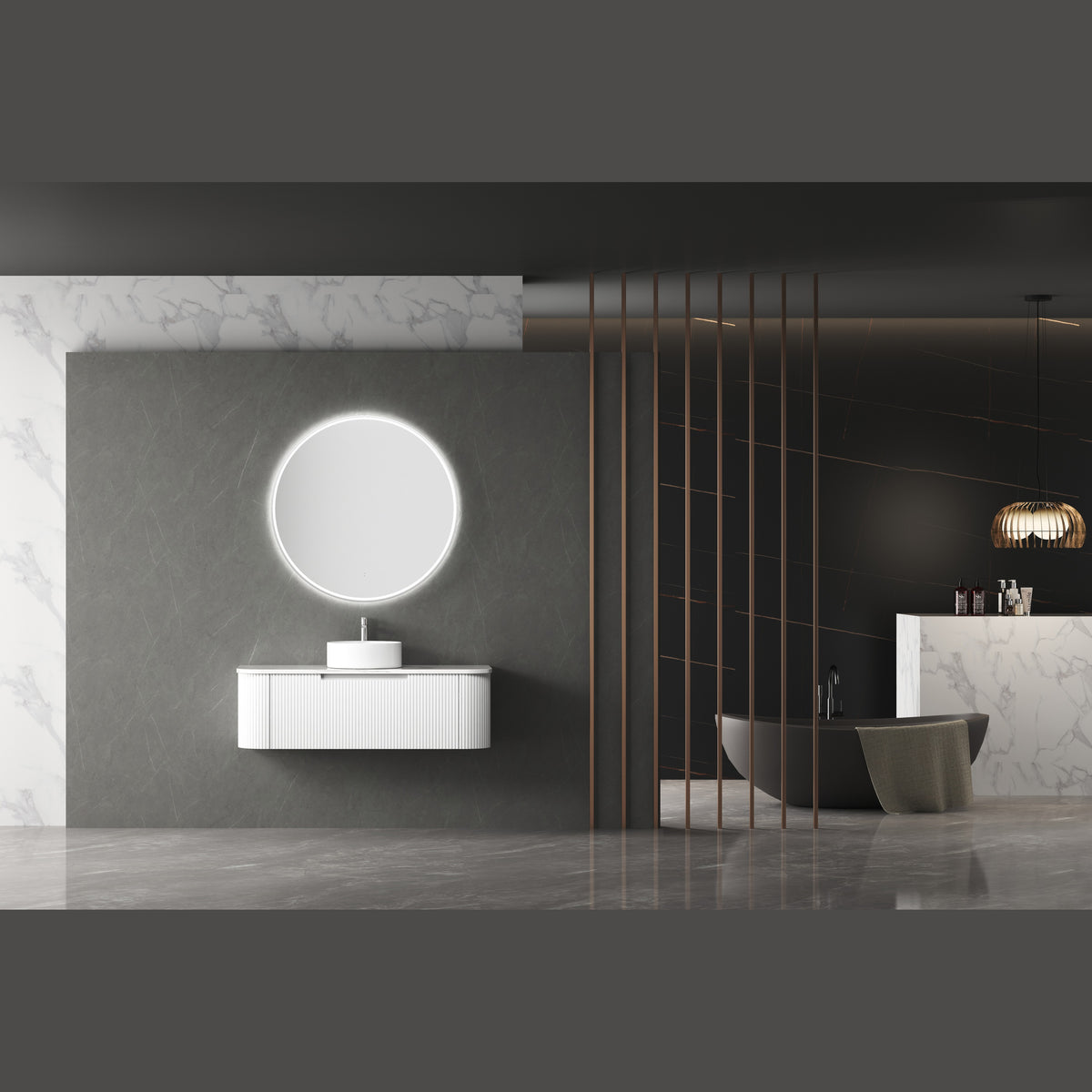 Aulic Windsor round LED mirror, wall mounted and lit, shown above a white vanity in a modern bathroom setting
