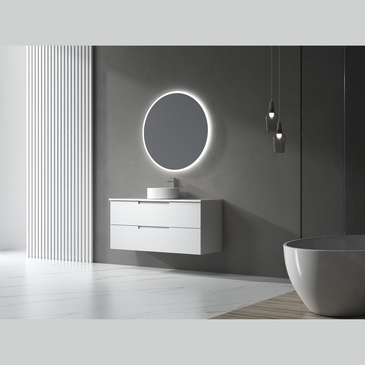 Aulic Windsor round LED mirror in matte black, wall mounted above a white vanity in a modern bathroom setting