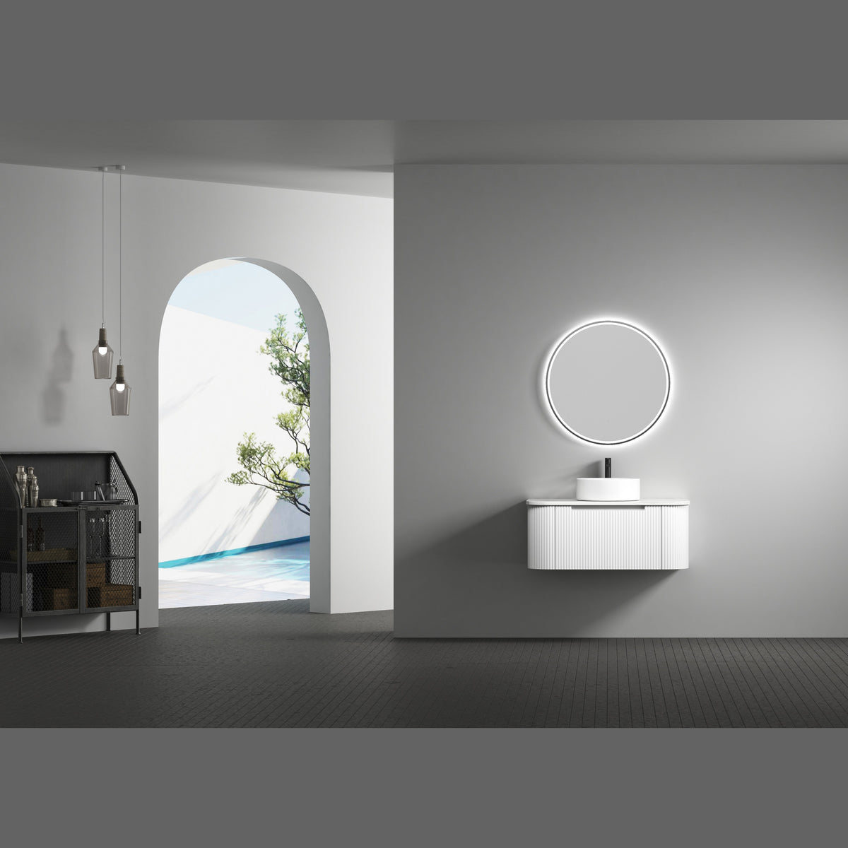 Aulic Windsor round LED mirror with halo light above a white fluted vanity in a modern bathroom setting
