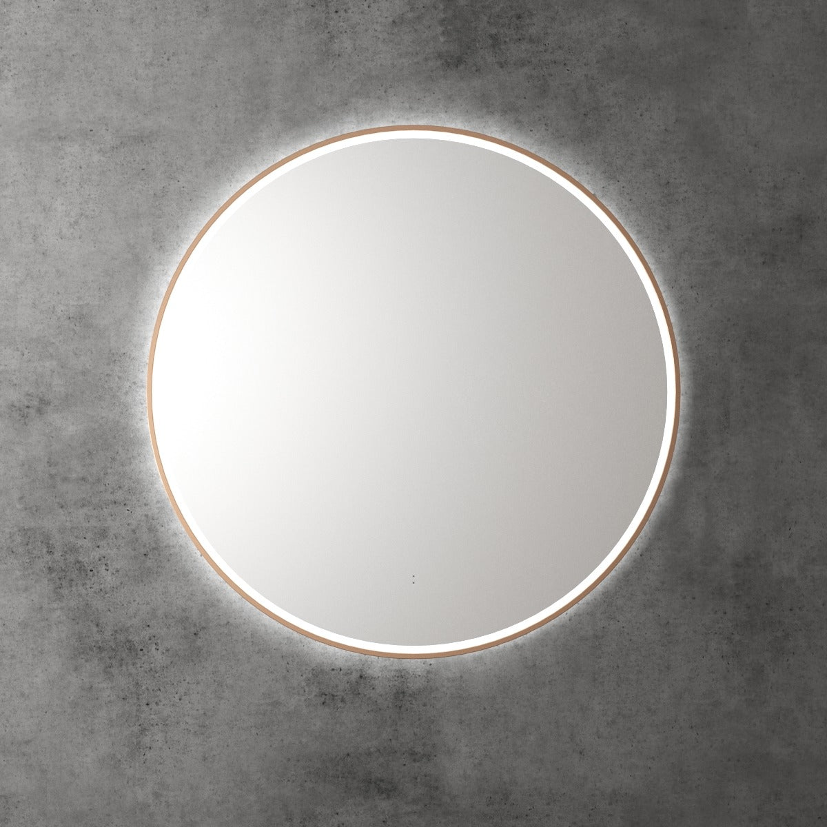 Aulic Windsor round LED mirror with brushed gold frame, front lit and backlit, on grey wall