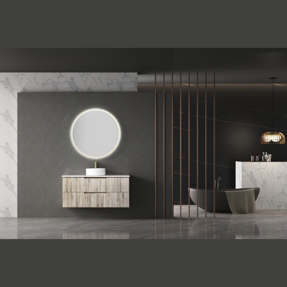 Round Aulic LED mirror with gold glow above a vanity in a dark modern bathroom setting