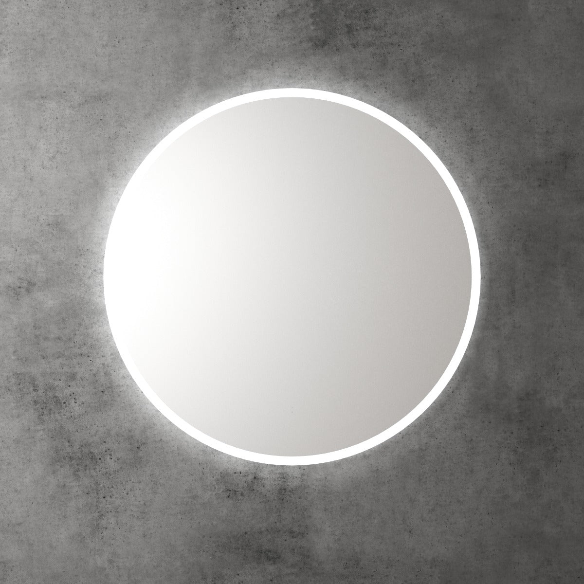 Aulic Windsor round LED mirror, front-lit with a backlit glow, mounted on a grey wall