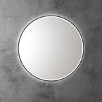Aulic Windsor round LED mirror with black frame and backlit glow, shown front on against a grey wall