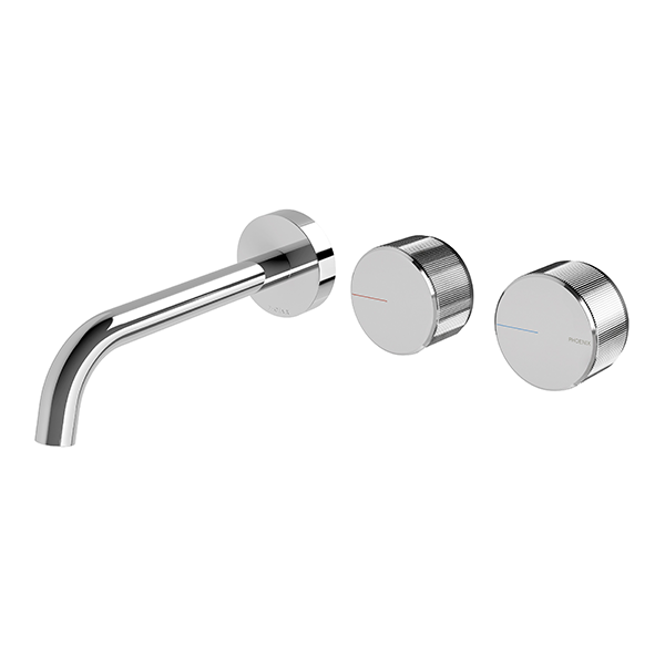 Phoenix Axia chrome wall basin/bath tap set with curved outlet and two round wall top assemblies on white background