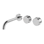 Phoenix Axia chrome wall basin/bath tap set with curved outlet and two round wall top assemblies on white background