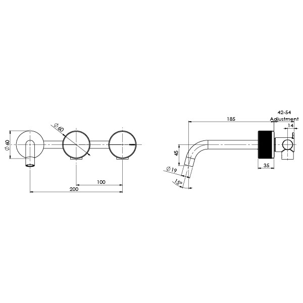 Technical drawing of Phoenix Axia chrome wall basin/bath curved outlet host set with dimensions and side view