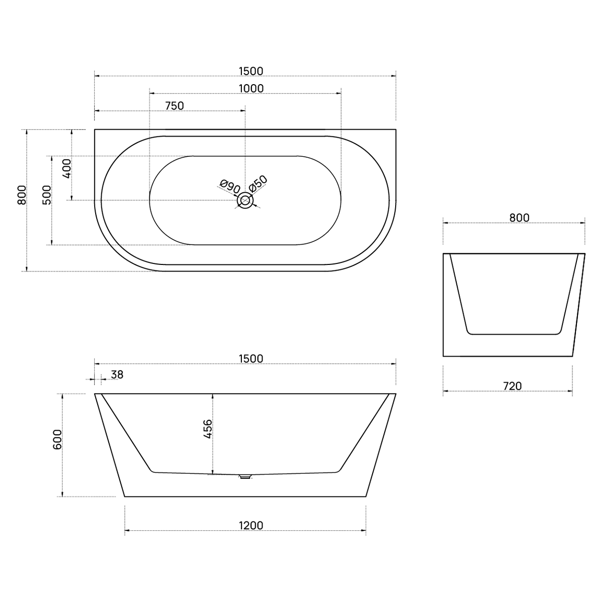Bao Bon 1500mm back to wall bath technical drawing, white oval acrylic tub with dimensions and centre waste location