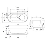 Technical drawing of Bao Elegant 1700mm back to wall bath, showing oval white bath dimensions and centre waste location