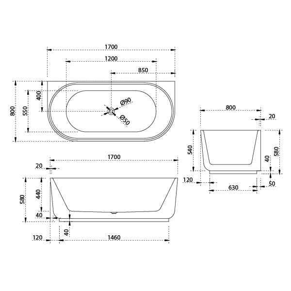 Technical drawing of Bao Elegant 1700mm back to wall bath, showing oval white bath dimensions and centre waste location