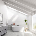 Bao Elegant white back to wall bath in a bright bathroom setting, shown front on with oval curved profile