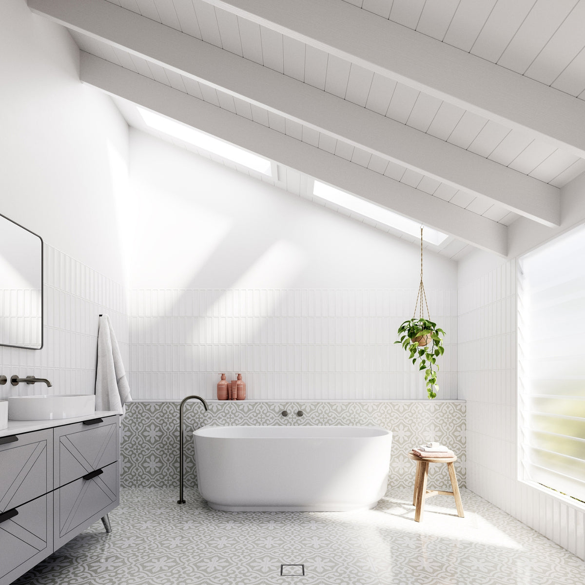Bao Elegant white back to wall bath in a bright bathroom setting, shown front on with oval curved profile