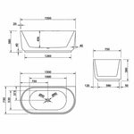 Technical drawing of Bao Elegant back to wall bath, showing 1500mm x 750mm dimensions and centre waste layout
