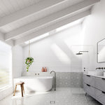 Bao Elegant white back to corner bath in bright modern bathroom with patterned tile and walk-in shower