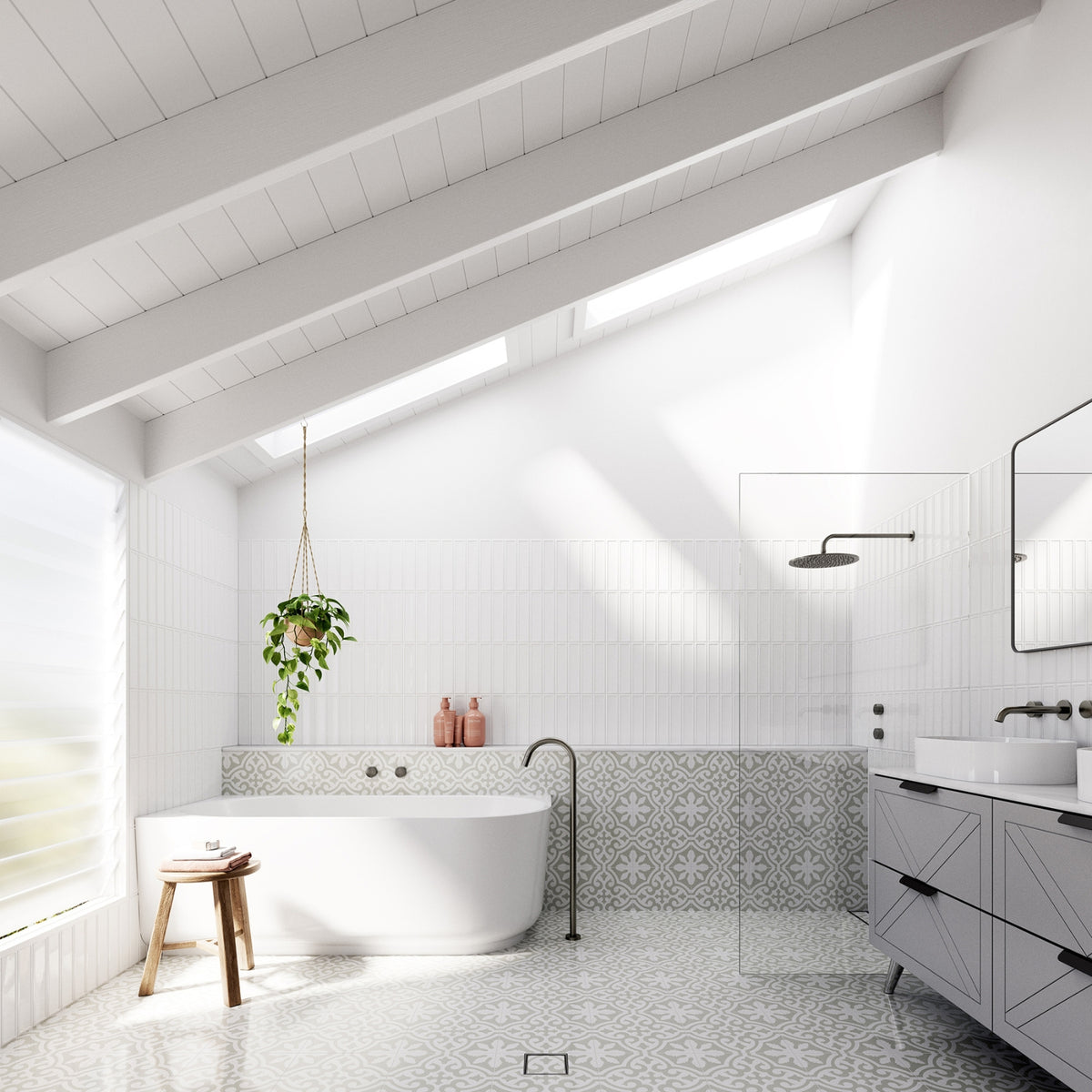 Bao Elegant white back to corner bath in bright modern bathroom with patterned tile and walk-in shower
