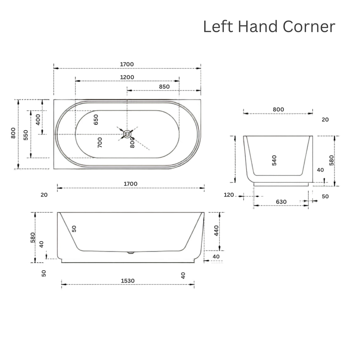 Baö Elegant 1700mm back to corner bath technical drawing, left hand corner, with dimensions in plan and side view