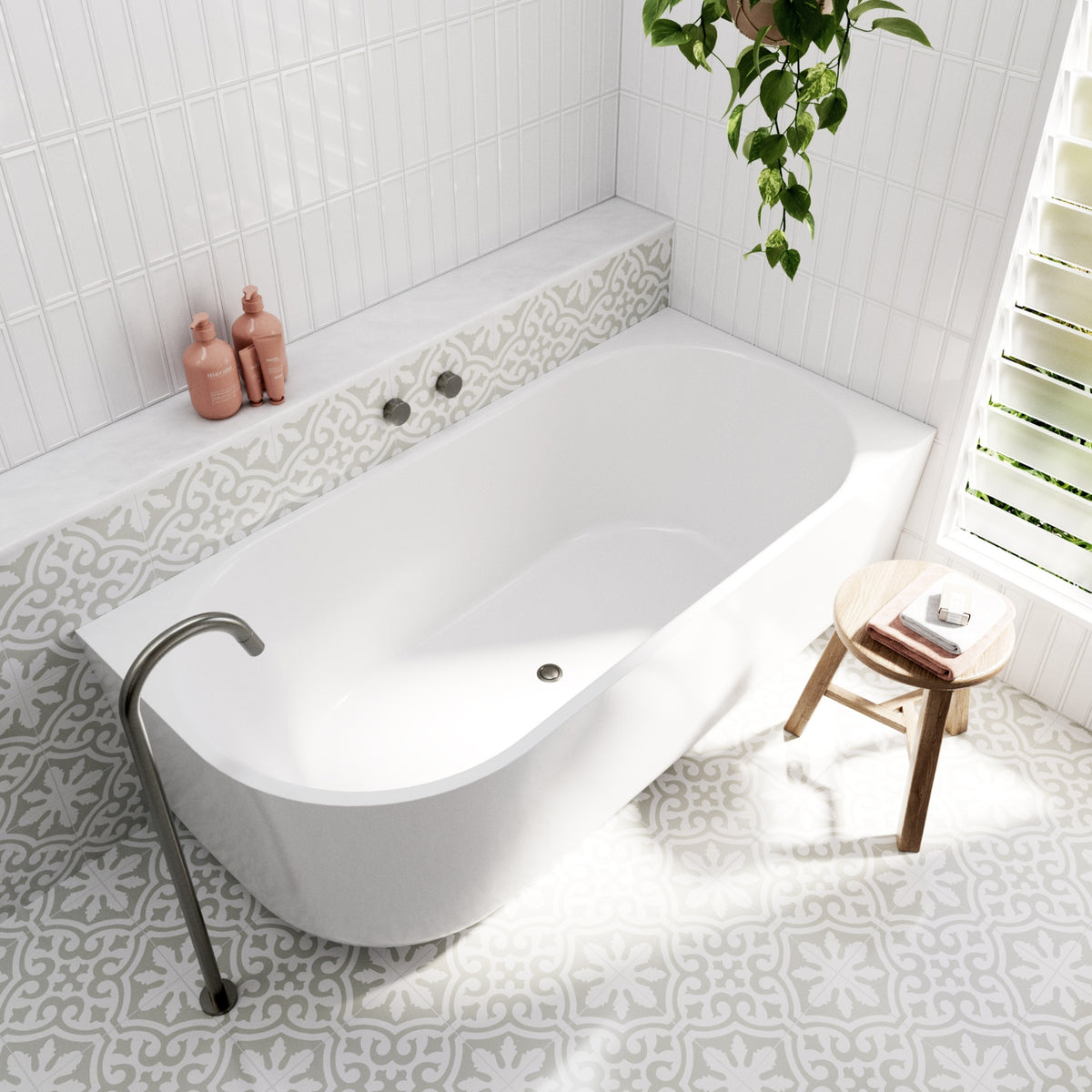 Bao Elegant white acrylic back-to-corner bath in a bright corner bathroom with patterned tiles