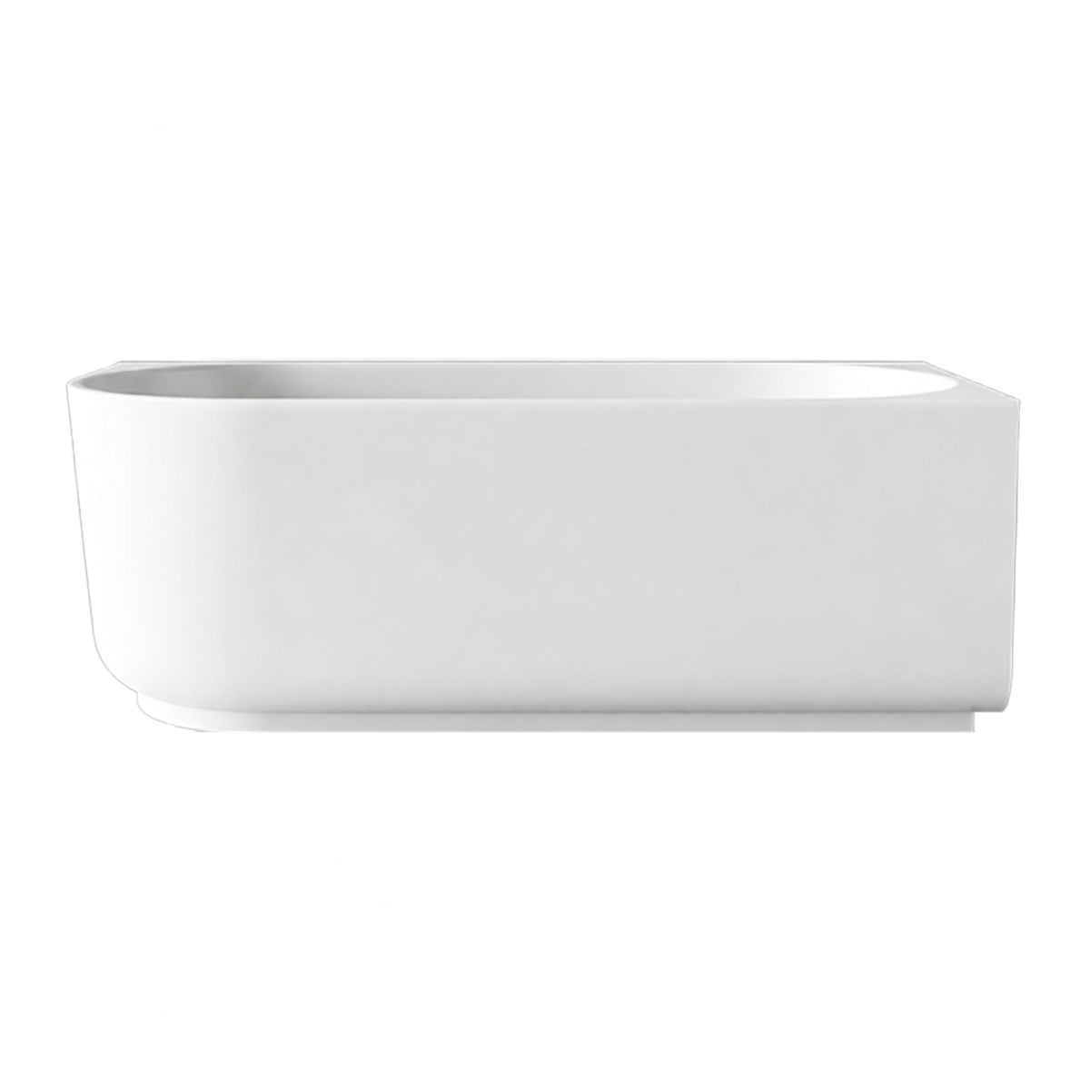 Bao Elegant white acrylic back-to-corner bath, side view, with right-hand corner profile and shadowline base