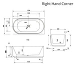 Bao Elegant 1700mm right hand corner bath technical drawing with dimensions, white oval acrylic tub shape