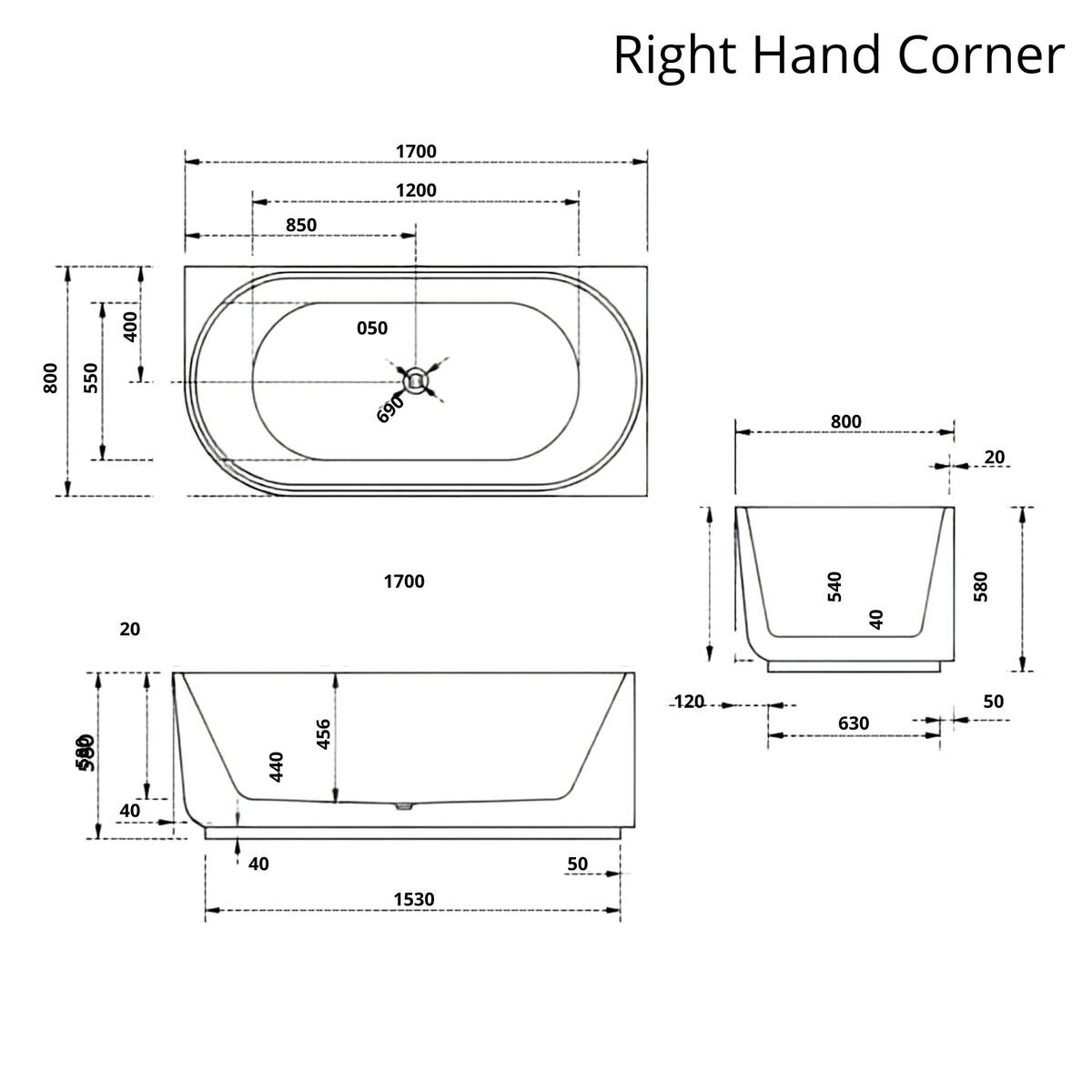 Bao Elegant 1700mm right hand corner bath technical drawing with dimensions, white oval acrylic tub shape