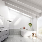 White Bao Elegant back to corner bath in bright bathroom, with oval freestanding style and patterned tiled floor￼