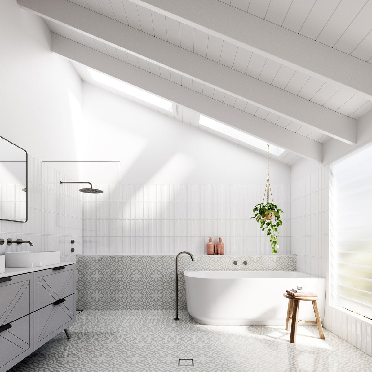 White Bao Elegant back to corner bath in bright bathroom, with oval freestanding style and patterned tiled floor￼