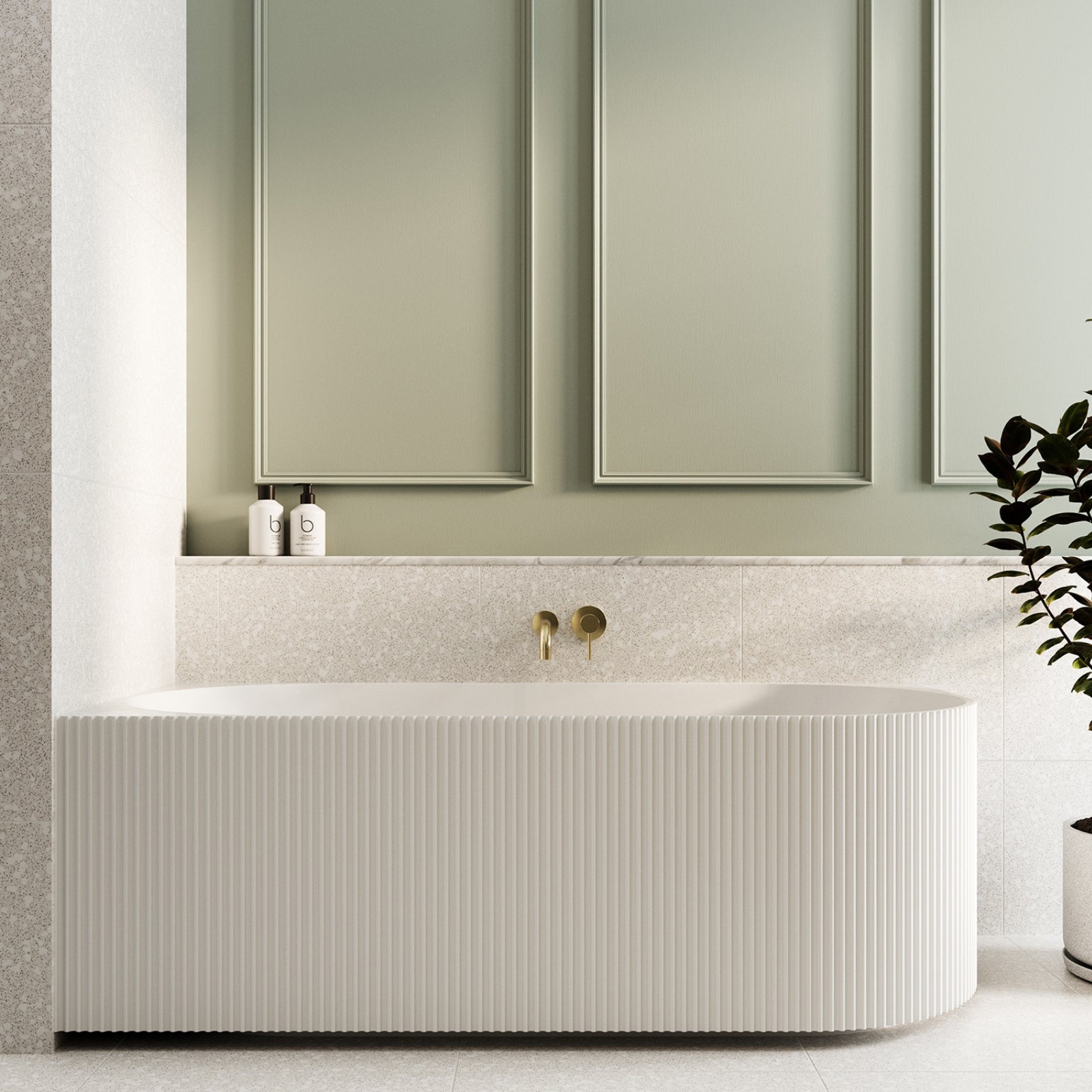 Bao Fluted back to corner bath in matte white, front view in a styled bathroom with fluted side panels