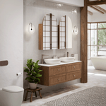 Caroma Contura II brushed bronze toilet roll holder in a bathroom setting, mounted on a wall above a toilet