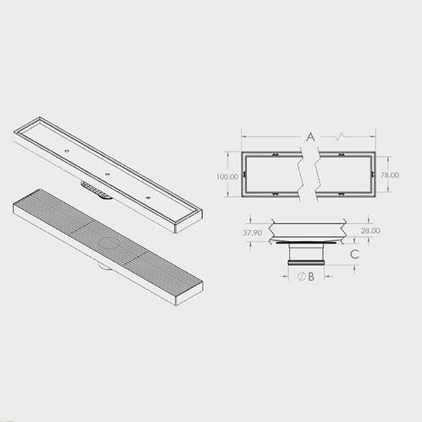 ART Australia Bermuda Grate Channel, 600mm, with 80mm waste outlet and technical dimension diagram, stainless steel floor waste