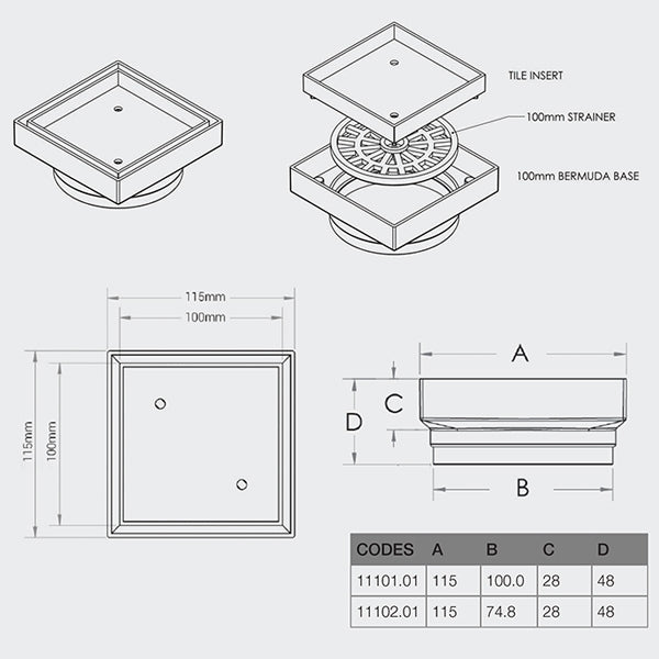 Technical drawing of ART Australia Bermuda tile insert floor waste in black, showing 80mm outlet dimensions and exploded components