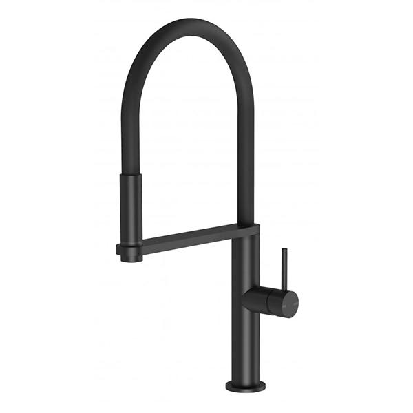Phoenix Blix pull-out sink mixer tap in matte black, round U-shaped gooseneck with side lever handle, on white background