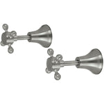 Fienza Lillian wall top assemblies in brushed nickel, with traditional cross handles shown on white background