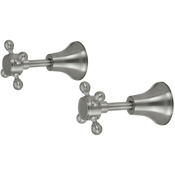 Fienza Lillian wall top assemblies in brushed nickel, with traditional cross handles shown on white background