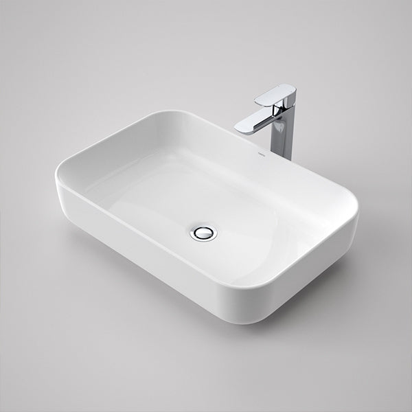 Caroma Artisan white gloss rectangular above counter basin with chrome waste and tap, 600mm style