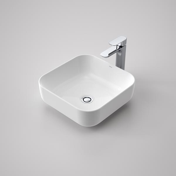 Caroma Artisan white square above counter basin with chrome mixer, gloss ceramic finish, rounded corners