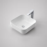 Caroma Artisan white square above counter basin with chrome mixer, gloss ceramic finish, rounded corners