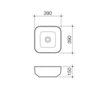 Caroma Artisan above counter basin technical drawing, square white 390mm with rounded corners and 150mm profile