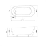 Caroma Blanc freestanding bath technical drawing in white, showing top and side views with 1700mm length and dimensions.