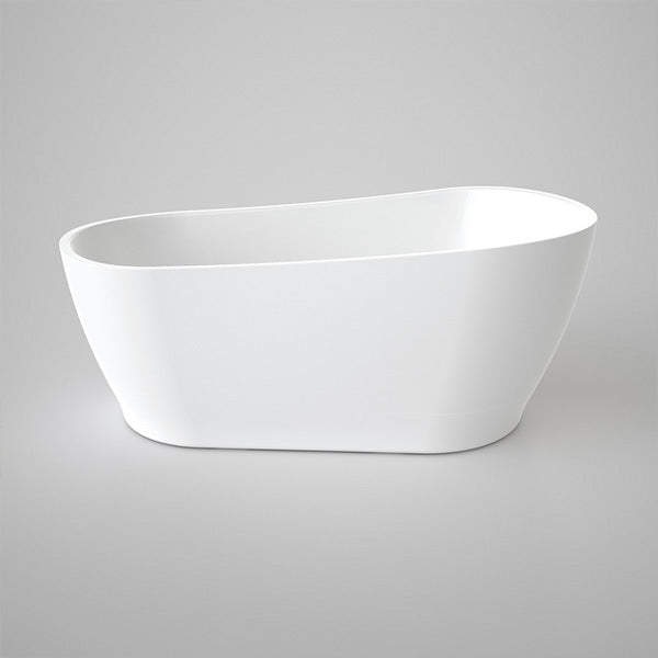 Caroma Blanc freestanding bath, white acrylic, oval tapered shape, side view on grey background