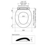 Caroma Caravelle toilet seat technical drawing in white, showing top and seat section dimensions with hinge measurements