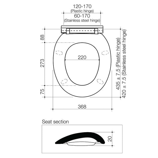 Caroma Caravelle toilet seat technical drawing in white, showing top and seat section dimensions with hinge measurements