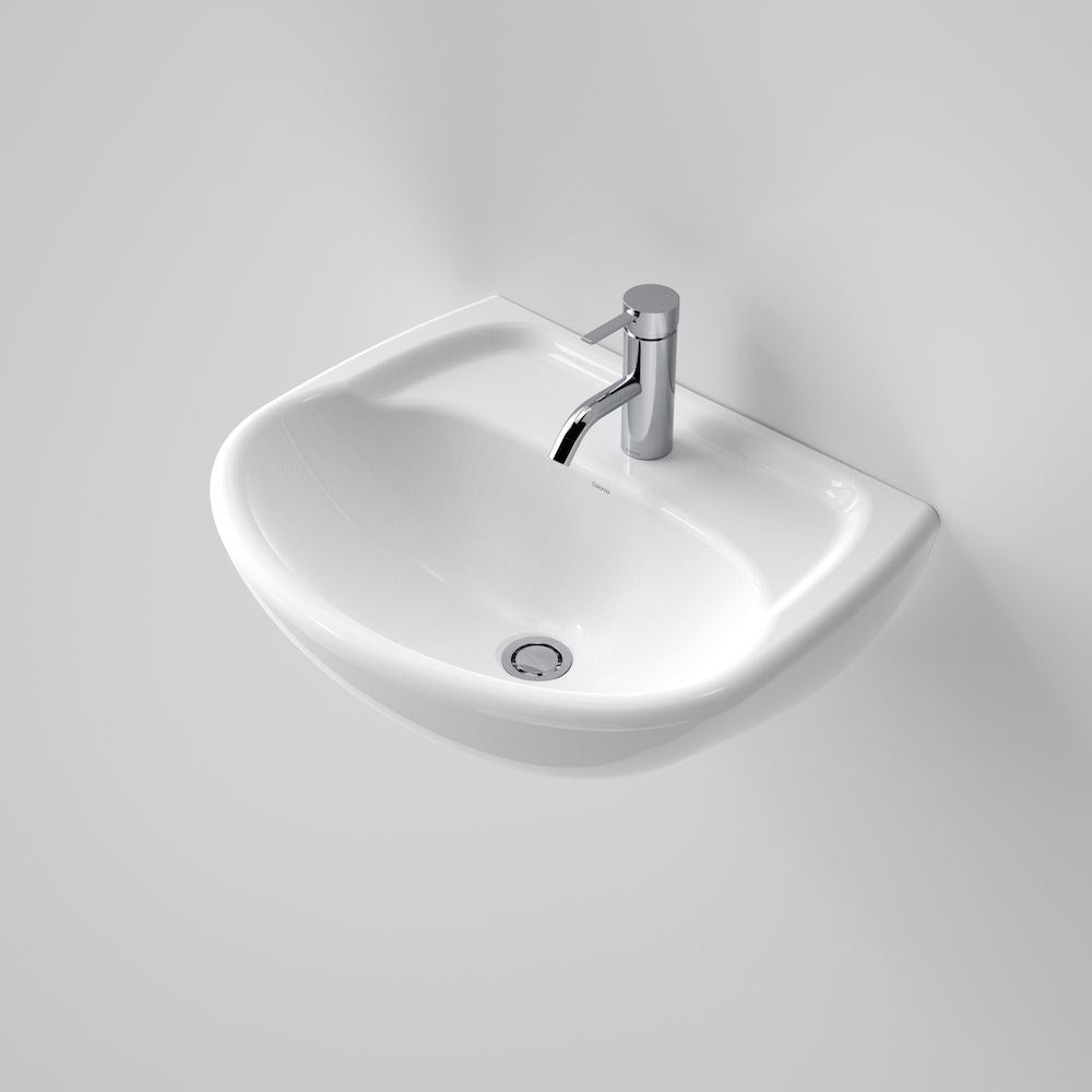 Caroma Caravelle white wall-hung basin with one tap hole and chrome mixer, angled view