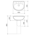 Caroma Caravelle wall basin technical drawing, white 3 tap hole basin with dimensions 550 x 435 x 225mm