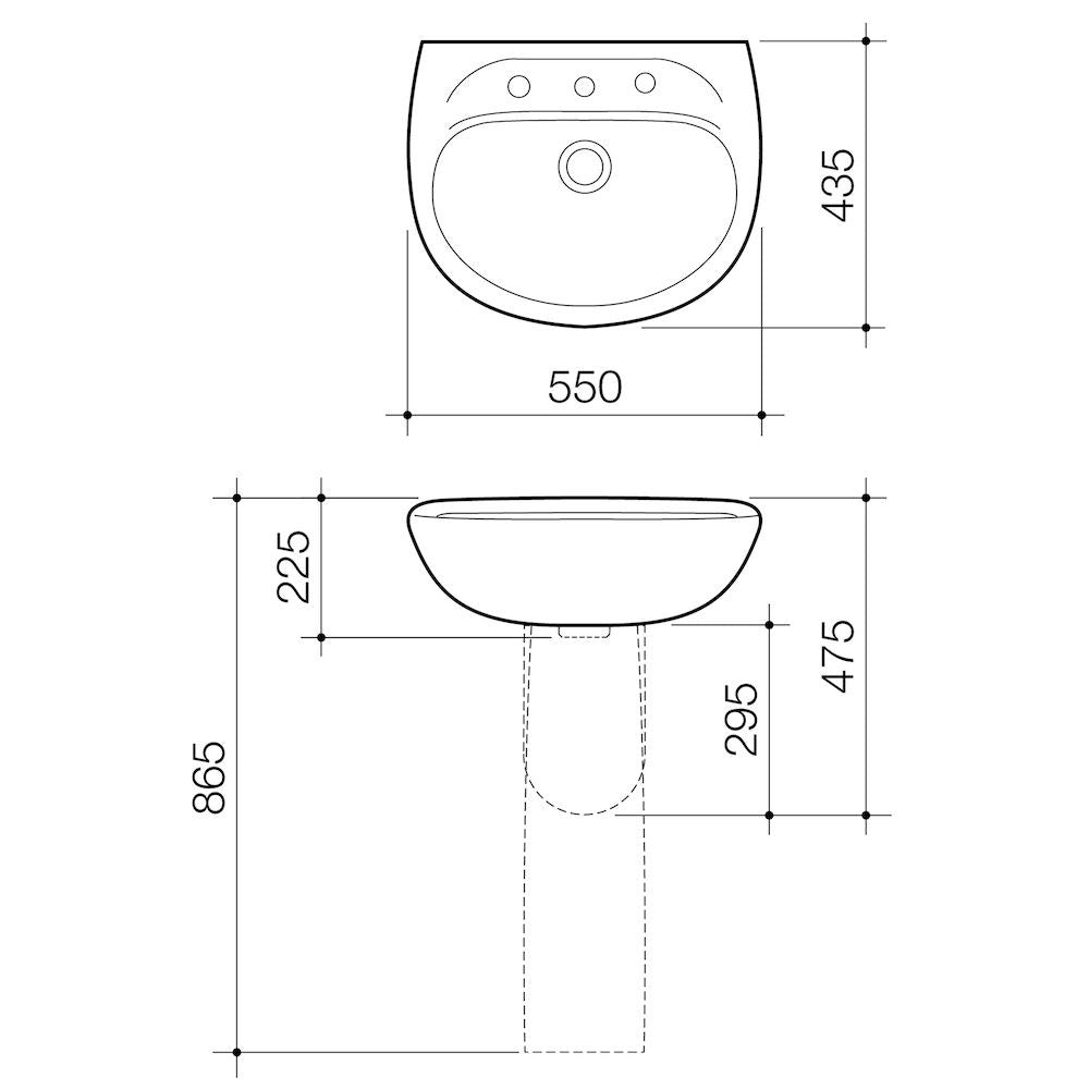 Caroma Caravelle wall basin technical drawing, white 3 tap hole basin with dimensions 550 x 435 x 225mm