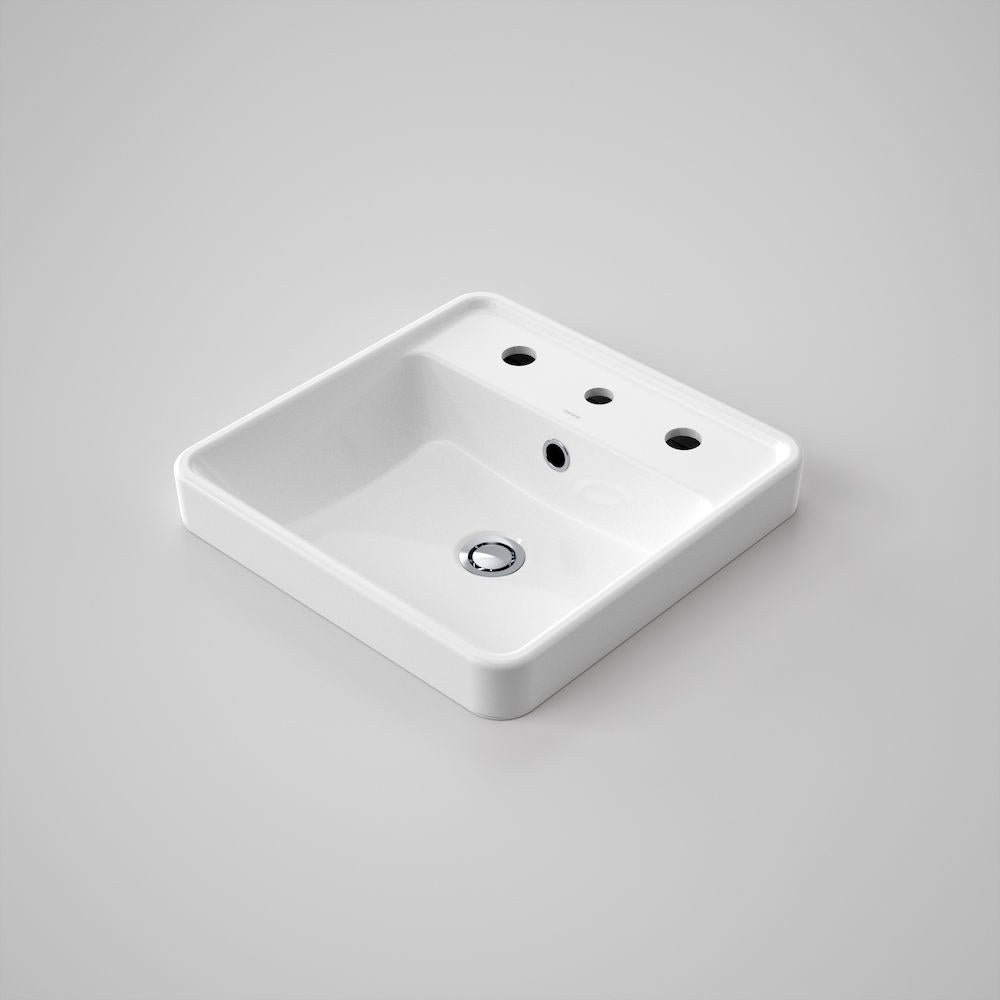 Caroma Carboni II square white inset basin with 1 tap hole, overflow and chrome waste on grey background