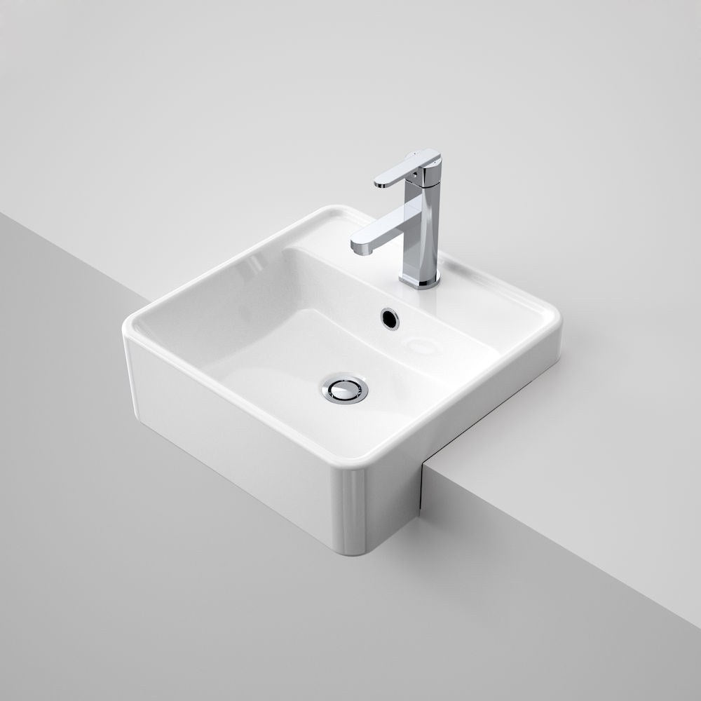 Caroma Carboni II semi recessed square white basin with one tap hole, overflow and chrome waste, shown in vanity top cut-out